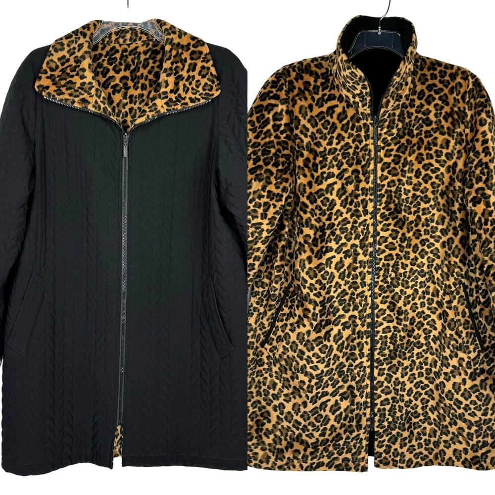 PORTRAIT | Black Quilted Reversible Leopard Print Plush‎ Midi Coat | Women's XL